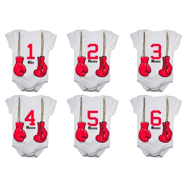 Kit 12 Body Bebê Calupa Mesversario Manga Curta Luvas Boxe Muay Thai 1 a 12 Meses