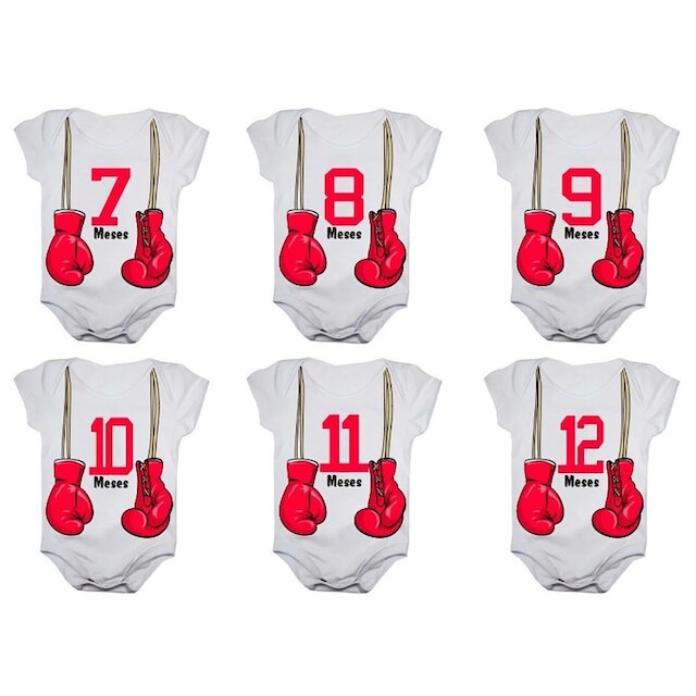 Kit 12 Body Bebê Calupa Mesversario Manga Curta Luvas Boxe Muay Thai 1 a 12 Meses