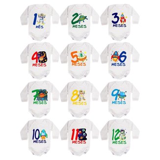 Kit 12 Body Bebê Calupa Mesversario Manga Longa Astronauta 1 A 12 Meses Masculino