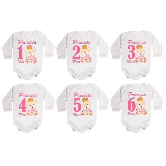 Kit 12 Body Bebê Calupa Mesversario Manga Longa Ursinha Princesa 1 A 12 Meses Feminino - Branco