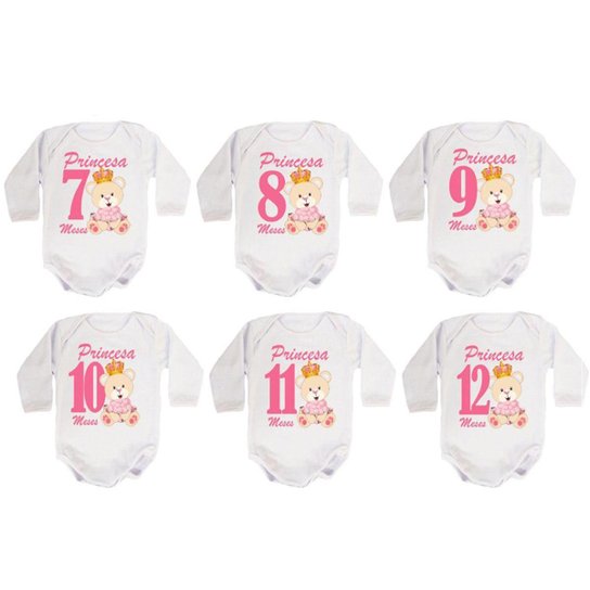 Kit 12 Body Bebê Calupa Mesversario Manga Longa Ursinha Princesa 1 A 12 Meses Feminino - Branco