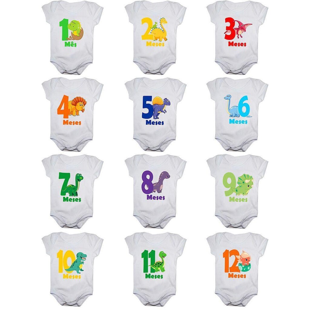 Kit 12 Body Bebê Mesversario Manga Curta Dinossauros 1 A 12 Meses