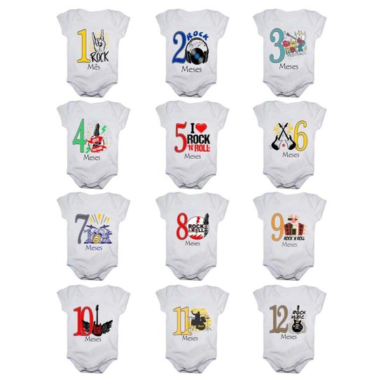 Kit 12 Body Bebê Mesversario Manga Curta Rock In Roll 1 A 12 Meses - Branco