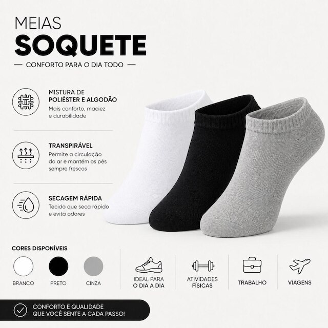 Kit 12 Meias Unissex Soquete Cano Curto Cores Neutras