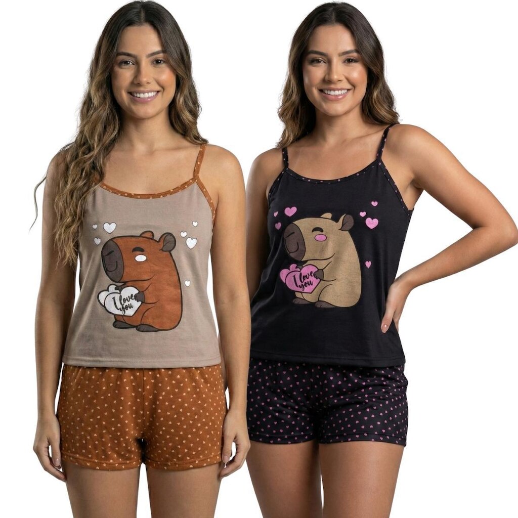 KIT 2 Baby Doll Curto Capivara Serra e Mar Alcinha Pijama de Roupa Para Dormir Linha Noite Feminina