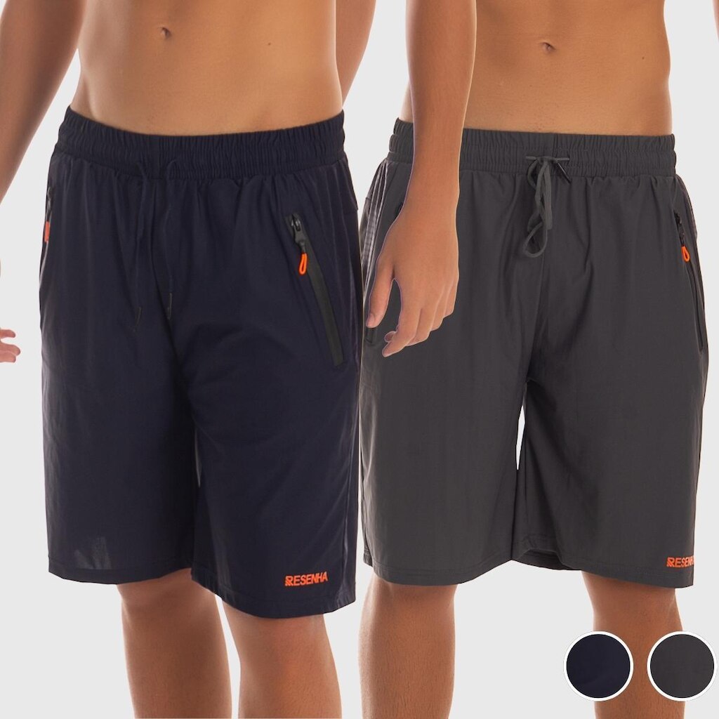 Kit 2 Bermudas Masculina Resenha Sport Poliamida Bolsos com Zíper Secagem Rápida