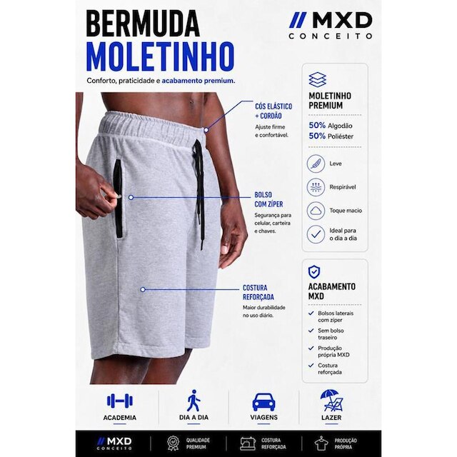 KIT 2 Bermudas Moletinho 2 Bolsos com Ziper Masculina MXD Conceito