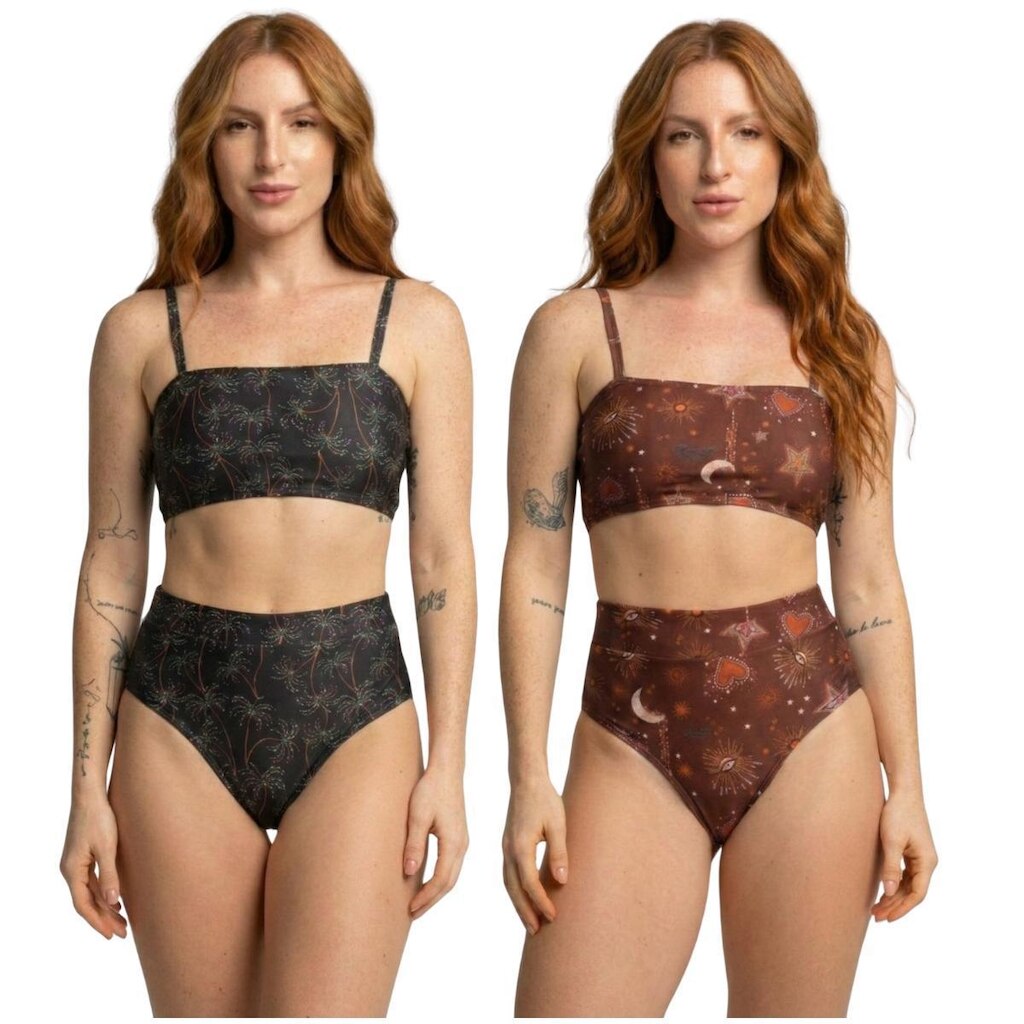 KIT 2 Biquíni Cropped Hot Pants Top Faixa Estampado Serra e Mar Cintura Alta Praia Verão Confortavel