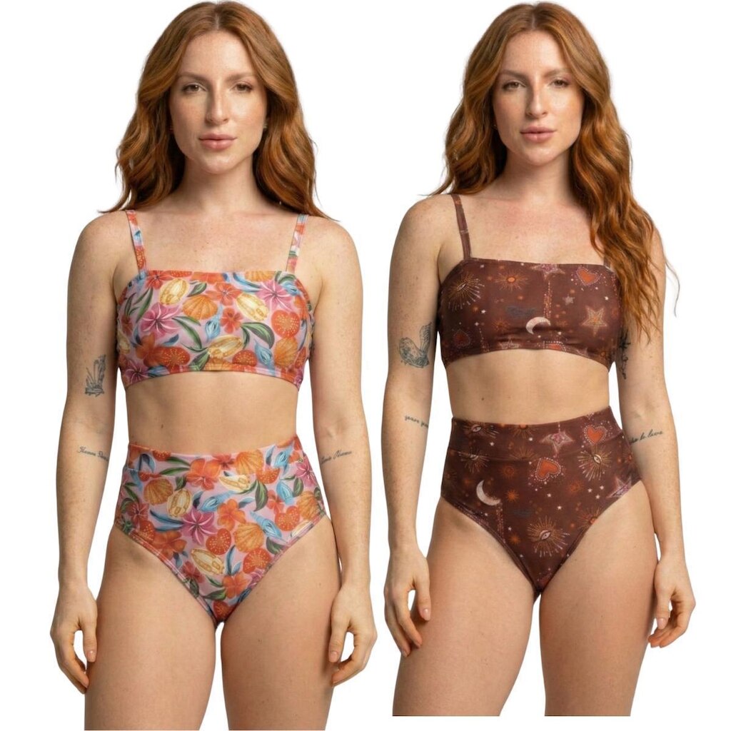 KIT 2 Biquíni Cropped Hot Pants Top Faixa Estampado Serra e Mar Cintura Alta Praia Verão Confortavel