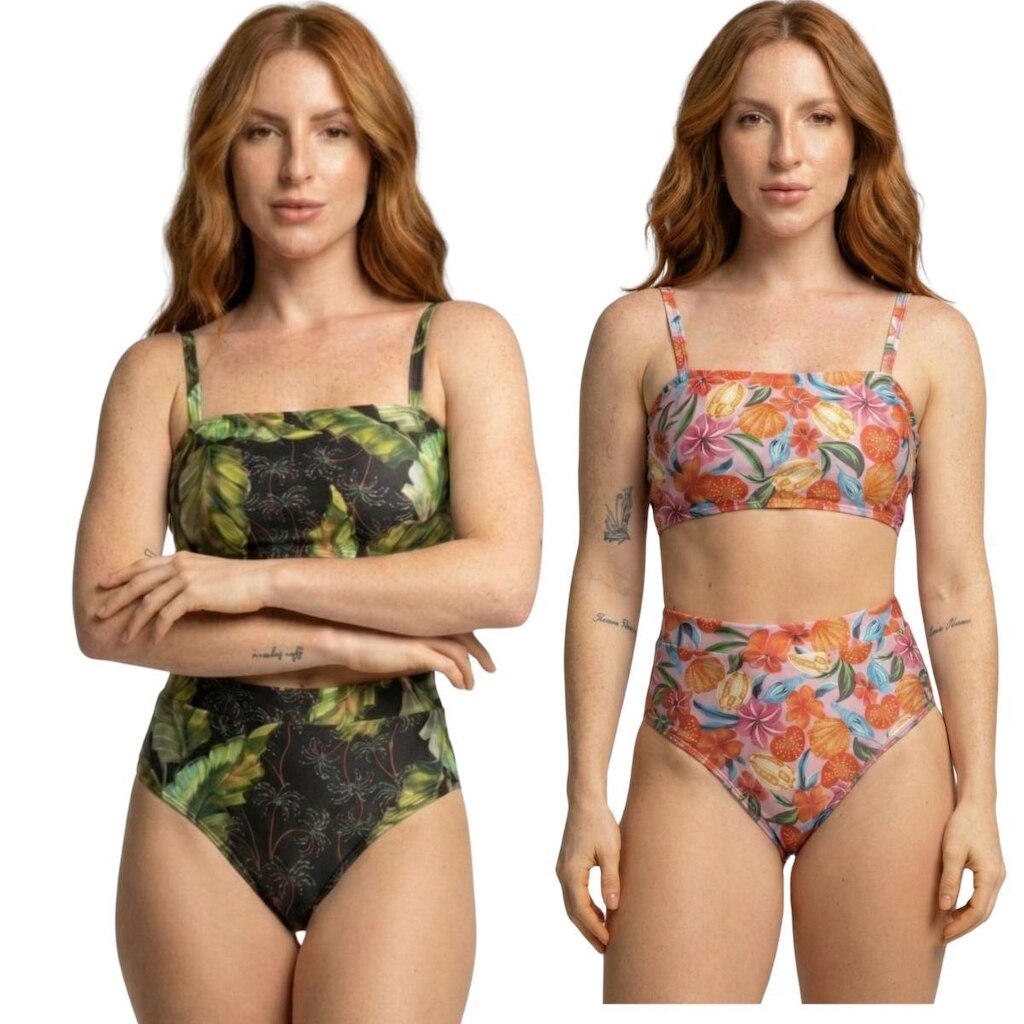 KIT 2 Biquíni Cropped Hot Pants Top Faixa Estampado Vekyo Cintura Alta Moda Praia Verão Confortavel