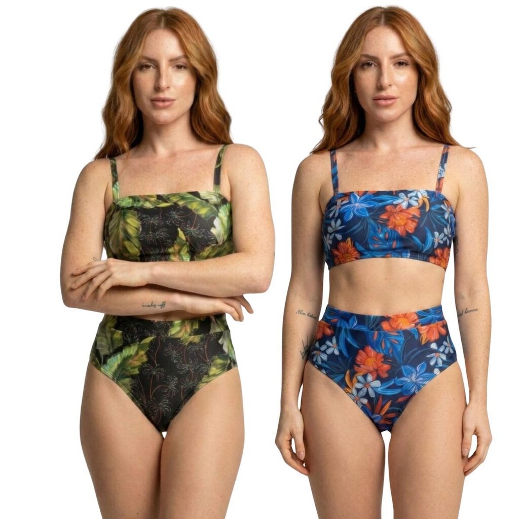 KIT 2 Biquíni Cropped Hot Pants Top Faixa Estampado Vekyo Cintura Alta Moda Praia Verão Confortavel