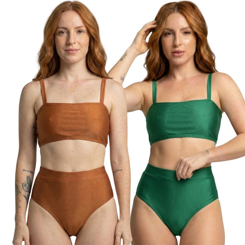 KIT 2 Biquíni Cropped Hot Pants Top Faixa Liso Vekyo Cintura Alta Para Verão Moda Praia Confortavel
