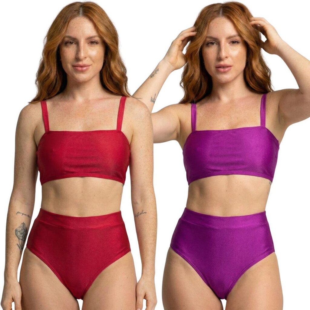 KIT 2 Biquíni Cropped Hot Pants Top Faixa Liso Vekyo Cintura Alta Para Verão Moda Praia Confortavel