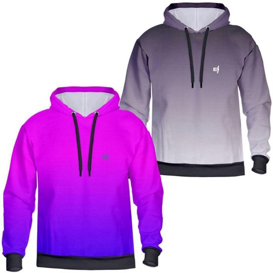 Kit 2 Blusa de Frio Moletom Estampada Degrade Com Capuz Bolsos Laterais de Poliéster