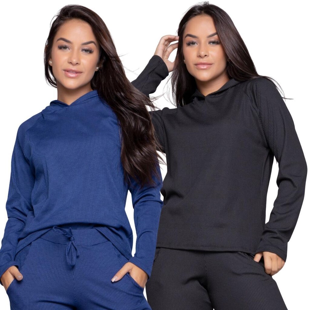 KIT 2 Blusa Fitness Comfy Canelada Serra e Mar Com Capuz Roupa Treino Frio Moda Feminina Academia