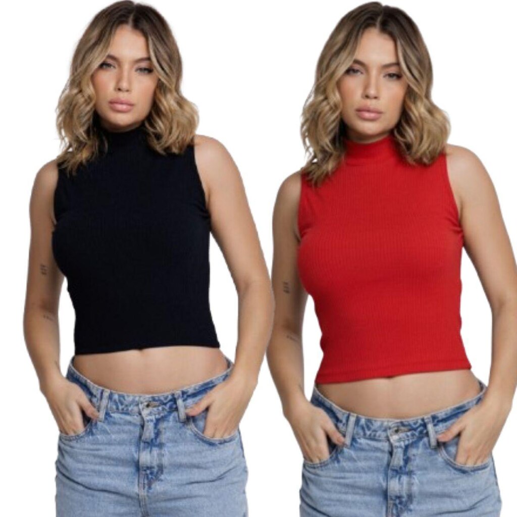 KIT 2 Blusa Sem Manga Regata Gola Alta Serra e Mar Modas Básica Confortavel Moda Casual Blogueira