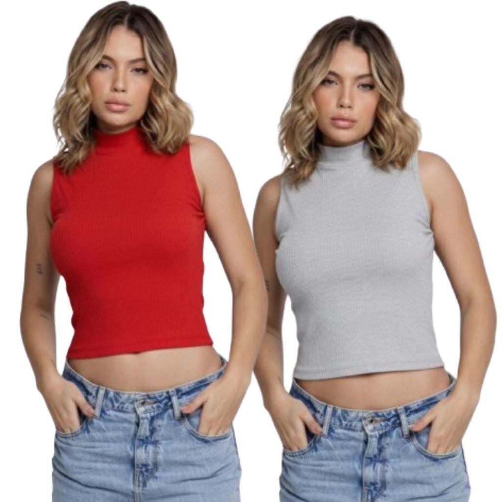 KIT 2 Blusa Sem Manga Regata Gola Alta Serra e Mar Modas Básica Confortavel Moda Casual Blogueira