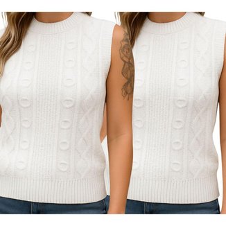 Kit 2 Blusas de Tricô Branca FMF Sem Manga Básica Casual