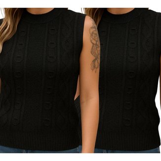 Kit 2 Blusas de Tricô FMF Preta Sem Manga Básica Casual