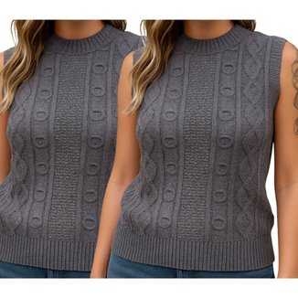 Kit 2 Blusas FMF Tricô Chumbo Sem Manga Básica Casual
