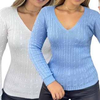 Kit 2 Blusas Industrie Femininas Suéter Malha Tricô e Azul Bebê Manga Longa Tamanho:Único;Cor: