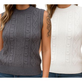 Kit 2 Blusas Tricô FMF Chumbo e Branco Sem Manga Básica Casual