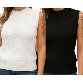 Kit 2 Blusas Tricô FMF Preta e Branca Sem Manga Básica Casual