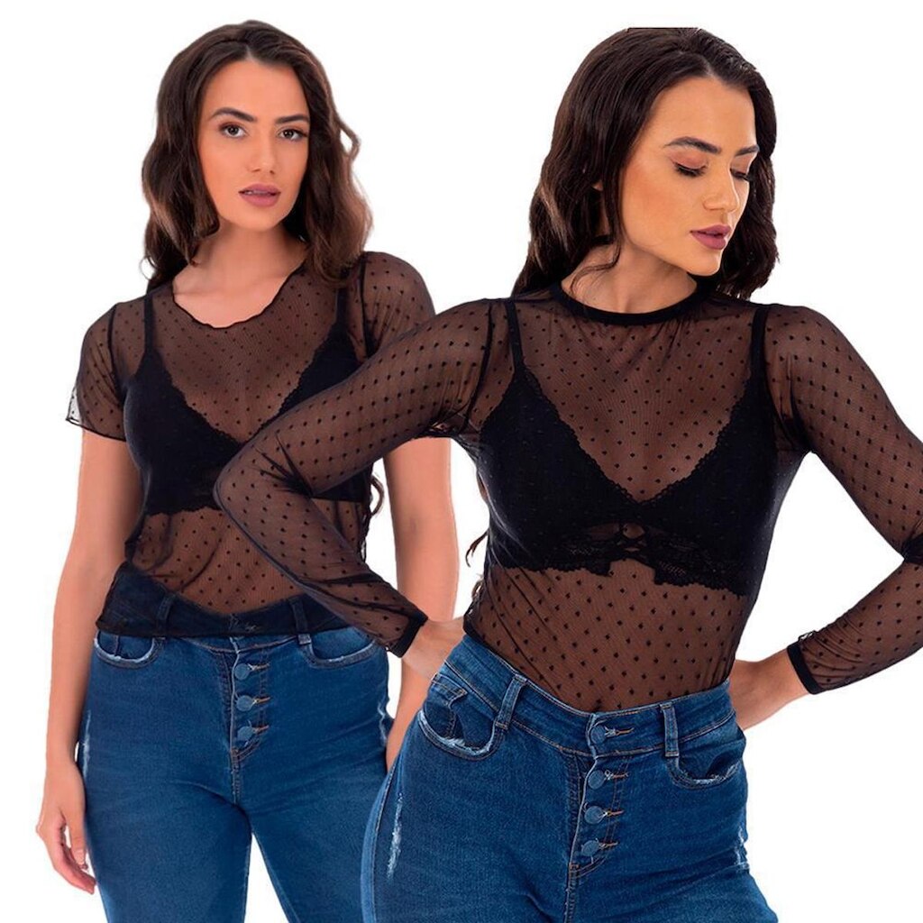 Kit 2 Body Manga Longa Frishop Camisa Tule Poá Manga Curta
