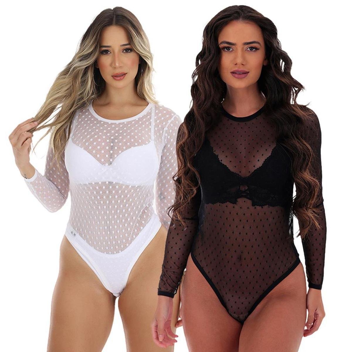 Kit 2 Body Tule Manga Longa Frimodas Poá Transparente Menor preço em Kit 2 Body Tule Manga Longa Frimodas Poá Transparente