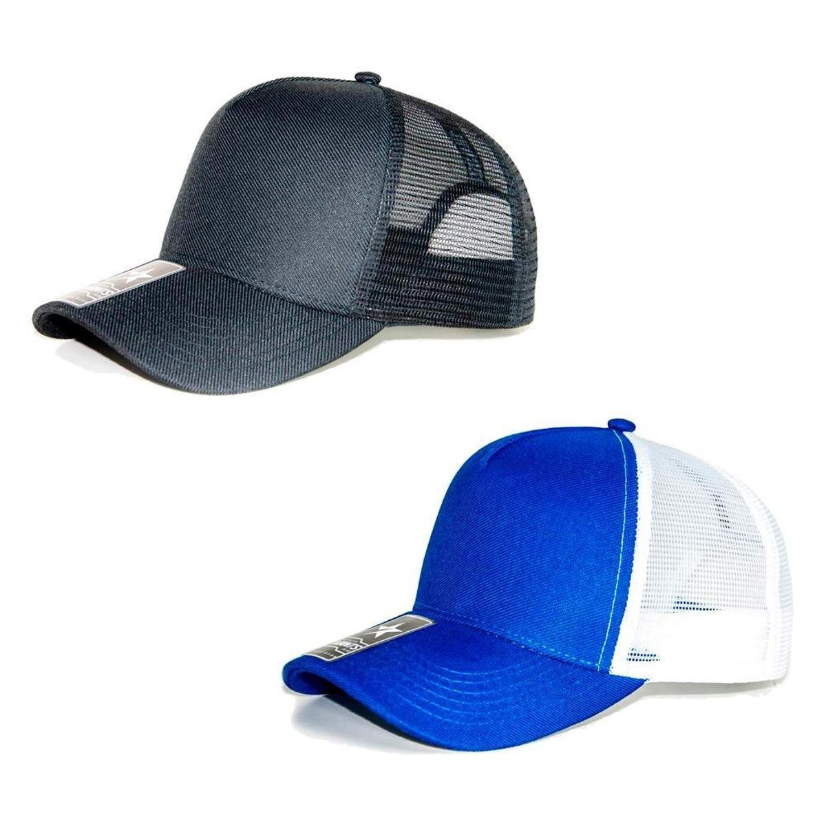 Kit 2 Bonés Liso Americano Aba Curva Trucker Tela Mants Clothing Unisex Com Regulagem - Azul+Preto Menor preço em Kit 2 Bonés Liso Americano Aba Curva Trucker Tela Mants Clothing Unisex Com Regulagem - Azul+Preto