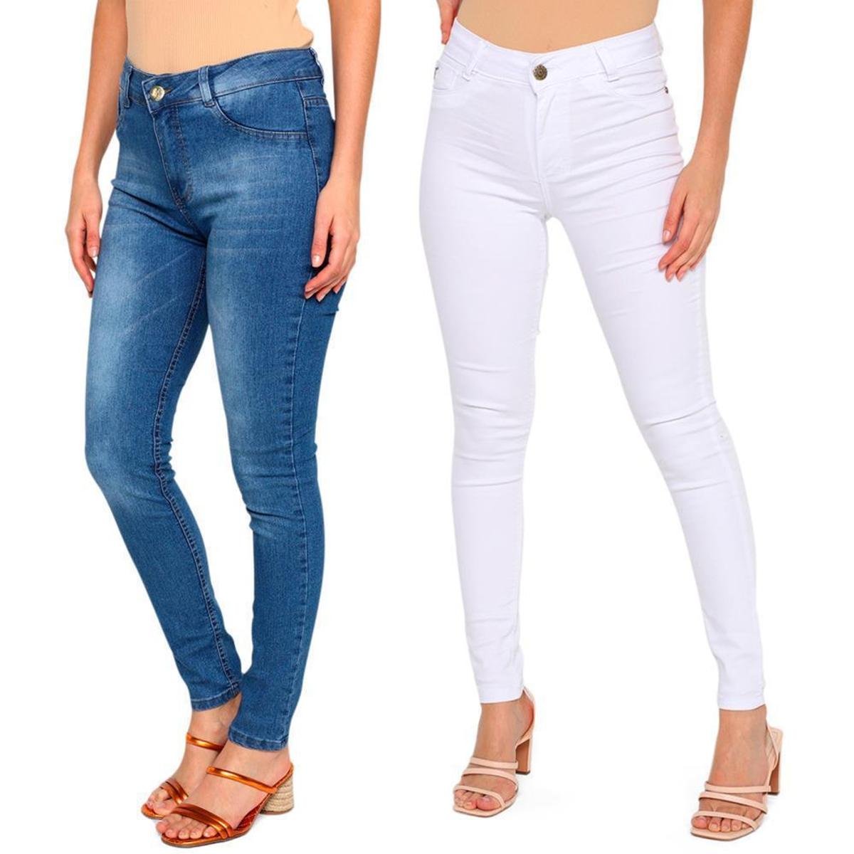 Kit 2 Calça Feminina Jeans Evidence Skinny Básica Cós Médio - Branco+Azul Menor preço em Kit 2 Calça Feminina Jeans Evidence Skinny Básica Cós Médio - Branco+Azul
