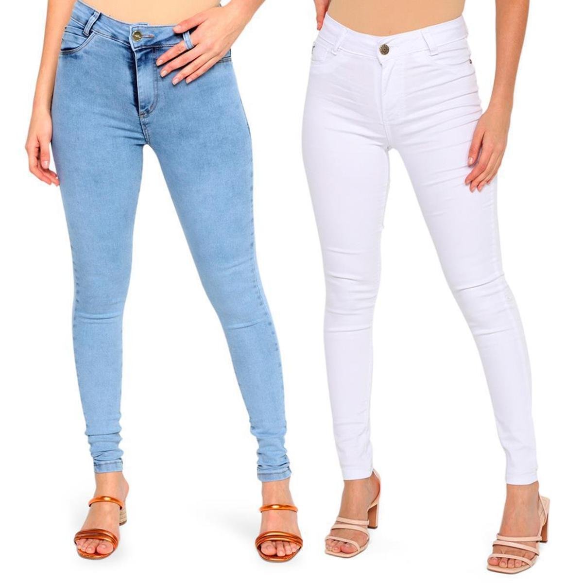 Kit 2 Calça Feminina Jeans Evidence Skinny Básica Cós Médio - Azul+Branco Menor preço em Kit 2 Calça Feminina Jeans Evidence Skinny Básica Cós Médio - Azul+Branco
