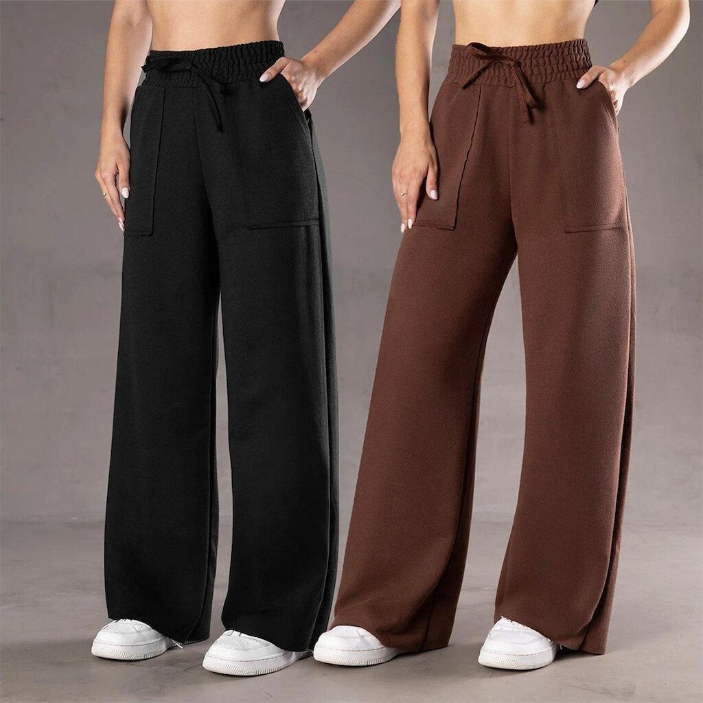 Kit 2 Calça Pantalona Moletinho Feminina Com Bolso Elegante Casual Confortável