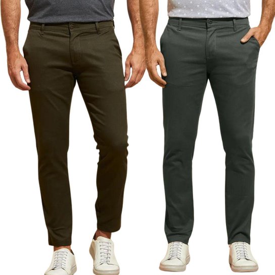 Kit 2 Calças de Sarja Chino Com Bolso Traseiro Embutido Alfaiataria