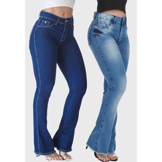 Kit 2 Calças Flare Jeans HNO Jeans Petit Flare Azul Marinho e Azul Stonada