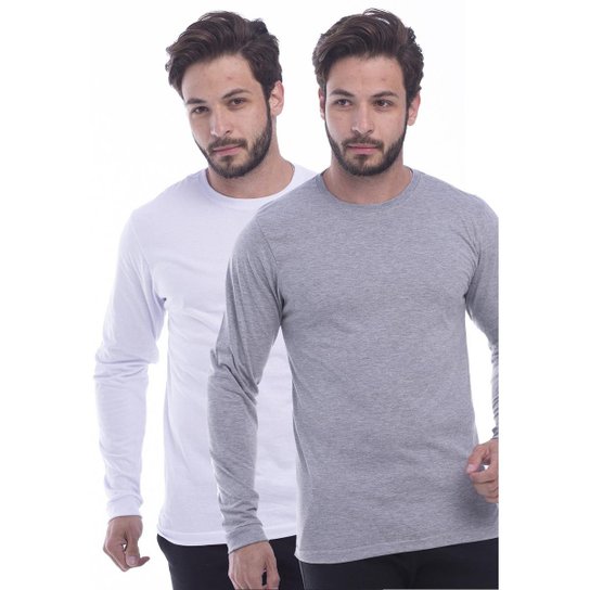 Kit 2 Camisa Manga Longa Masculina Lisa Preta e Azul