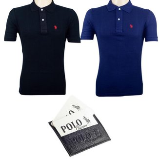 Kit 2 Camisas Masculina Algodão Fecho Botão + Carteira Couro