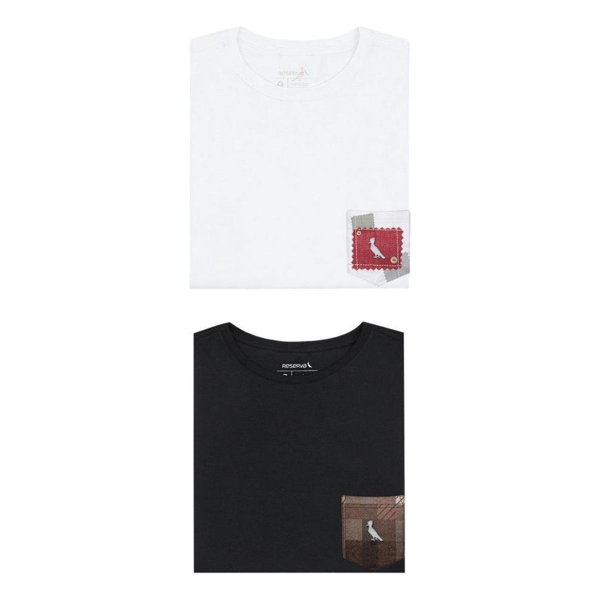Kit 2 Camisetas Bolso Xadrez Reserva - Branco+Preto Menor preço em Kit 2 Camisetas Bolso Xadrez Reserva - Branco+Preto