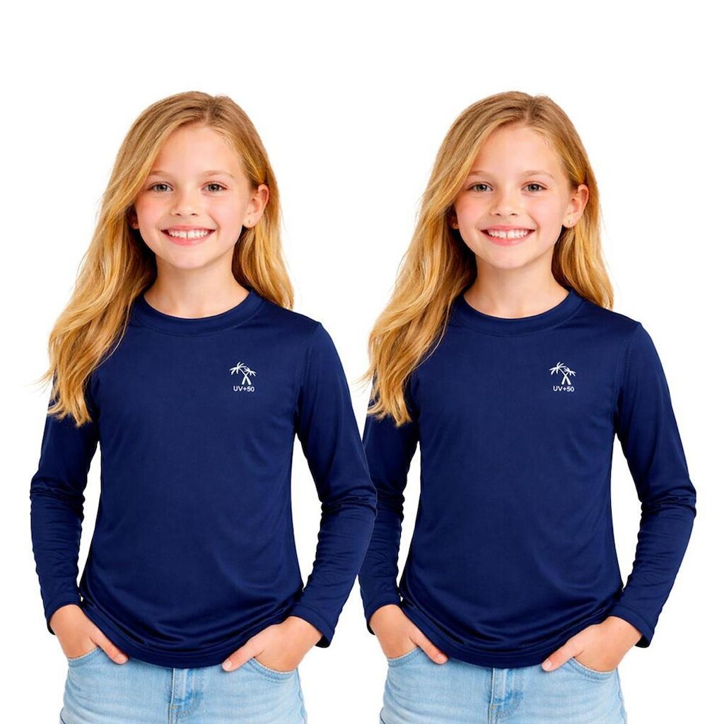 Kit 2 Camisetas Infantil Menina Manga Longa Proteção Solar UV 50+ Poliamida Praia Piscina Blusa