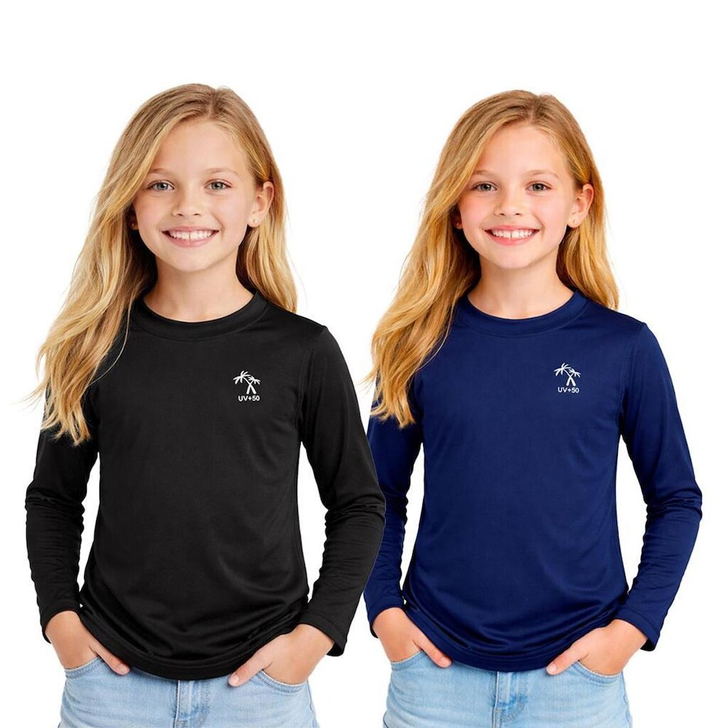 Kit 2 Camisetas Infantil Menina Manga Longa Proteção Solar UV 50+ Poliamida Praia Piscina Blusa