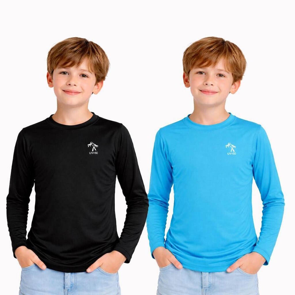 Kit 2 Camisetas Infantil Menino Manga Longa Proteção Solar UV 50+ Poliamida Praia Piscina Blusa