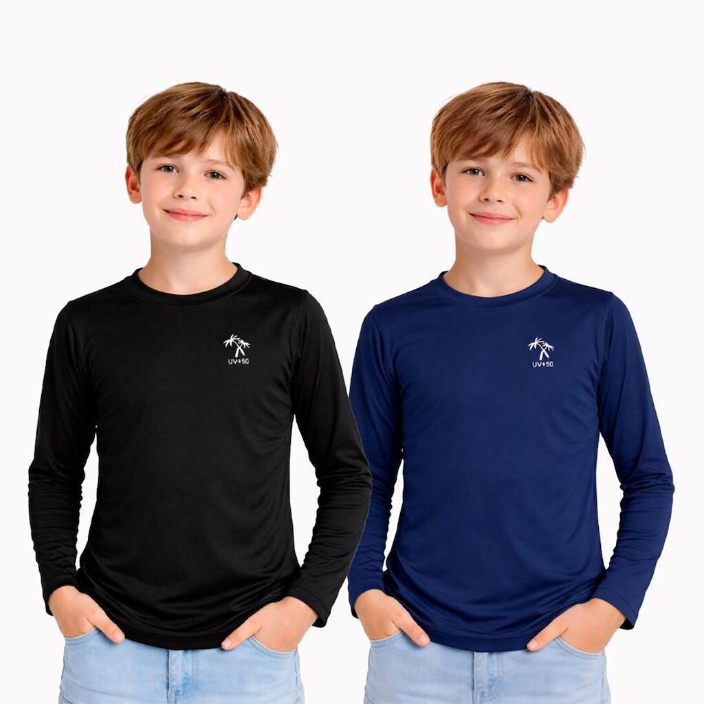 Kit 2 Camisetas Infantil Menino Manga Longa Proteção Solar UV 50+ Poliamida Praia Piscina Blusa