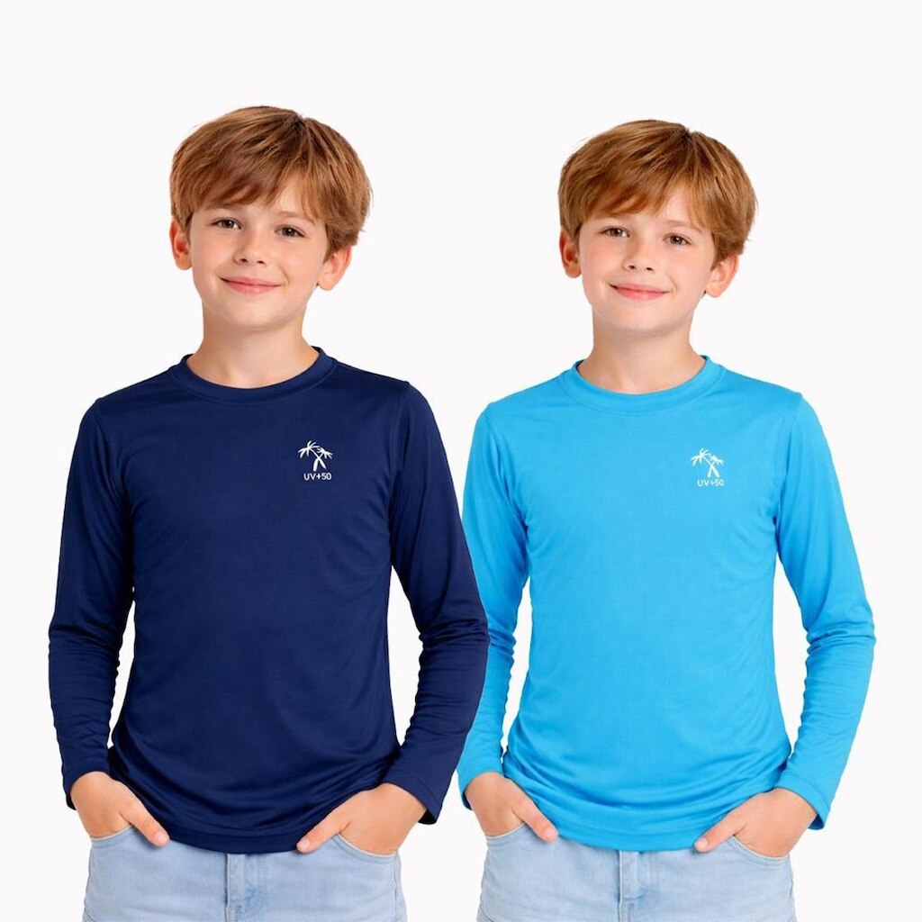Kit 2 Camisetas Infantil Menino Manga Longa Proteção Solar UV 50+ Poliamida Praia Piscina Blusa