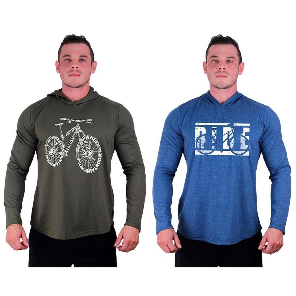 Kit 2 Camisetas Manga Longa com Touca Longline Estampada Treino Academia Lazer Casual
