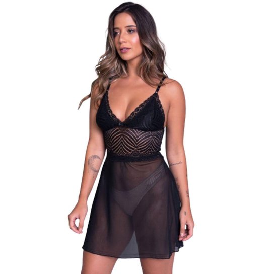 KIT 2 Camisola Lingerie Tule Sem Bojo Bella Fiore Renda Atraente Transparente Moda Intima