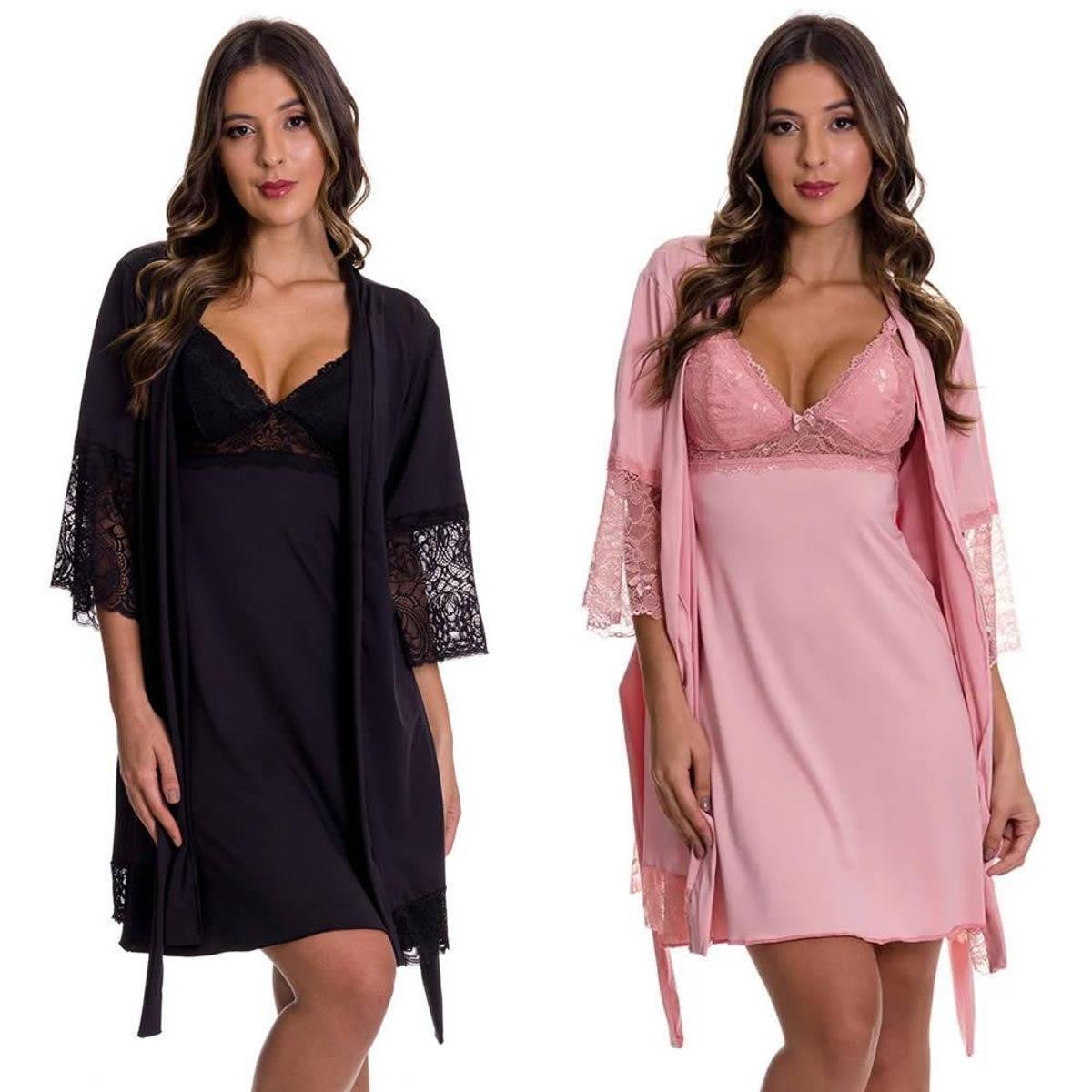 Kit 2 Camisolas Amamentação Gestante Maternidade com Robe - V81 - Preto+Rosa Menor preço em Kit 2 Camisolas Amamentação Gestante Maternidade com Robe - V81 - Preto+Rosa