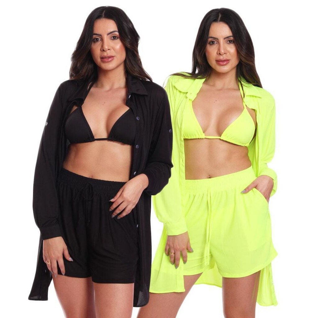 Kit 2 Conjuntos Biquíni Tanga Asa Delta + 2 Chemises + 2 Shorts Feminino Saída de Praia Verão