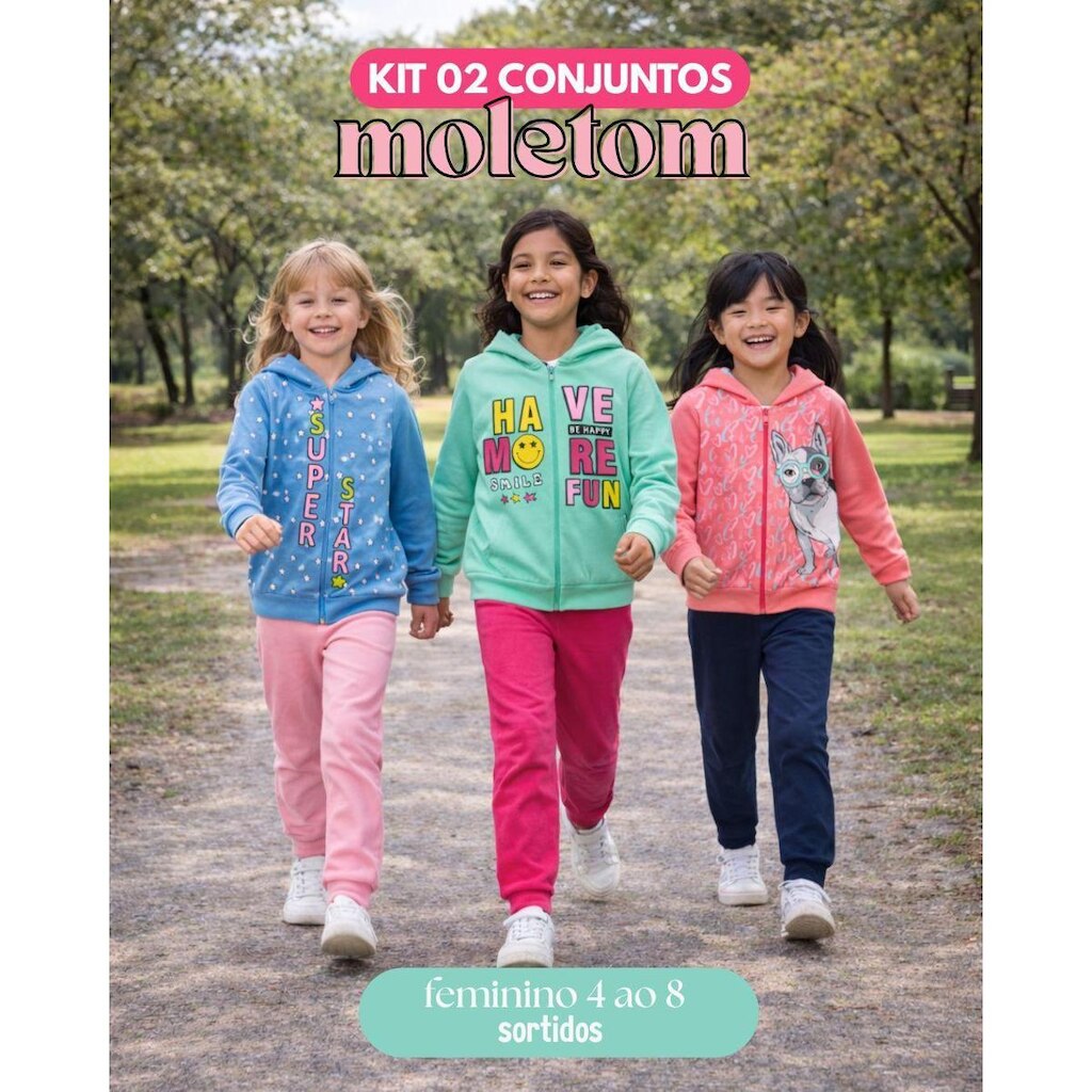 kit 2 Conjuntos Moletom Infantil Feminino Blusa Calça Flanelado Agasalho Menina Capuz Ziper 04 AO 08