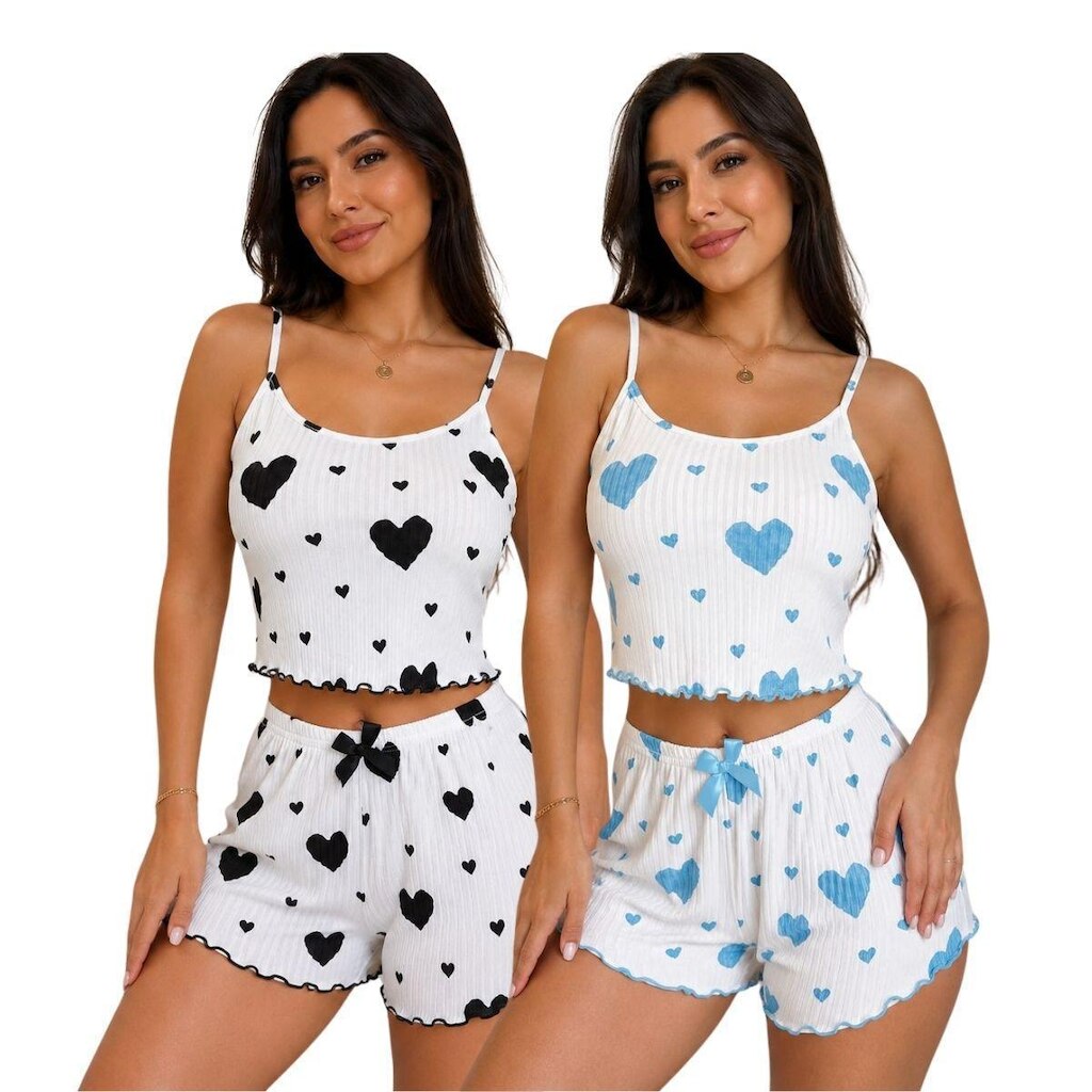 Kit 2 Conjuntos Pijama Baby Doll Feminino Blusa e Short Curto Estampas Sortidas Verão Confortável