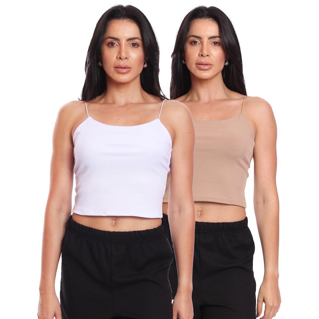 Kit 2 Cropped Alcinha Feminino Canelado Ribana Sem Bojo Básico Casual